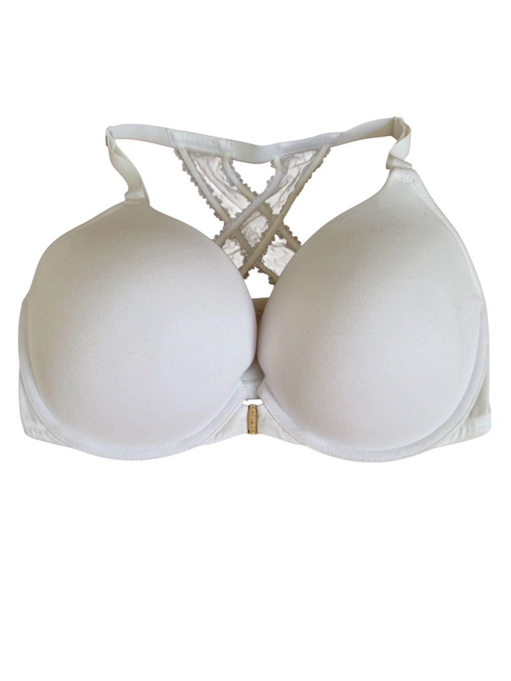 Cacique Lane Bryant White Front-Close Boost Plunge Bra Lace Racerback Size 38G